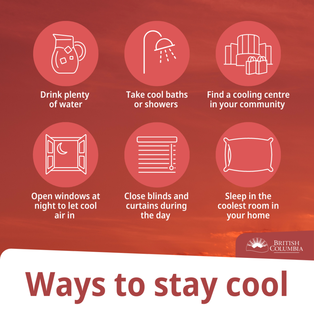 Drink plenty of water; take cool baths or showers; find a cooling centre in your community; open windows at night to let cool air in; close blinds and curtains during the day; sleep in the coolest room in your house.